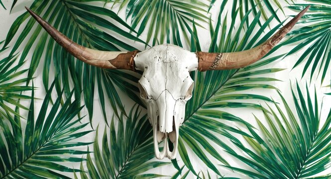 Mounted bovine skull with tropical palm leaf overlay and available copy space