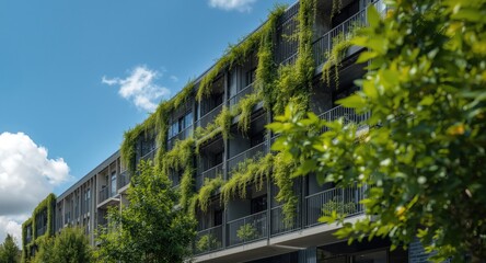 Fototapeta premium Contemporary apartment housing featuring lively greenery and urban design