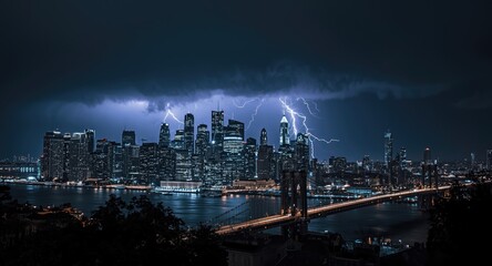 Fototapeta premium Stormy night with dramatic lightning over urban skyline showcasing glittering bridge and illuminated streets