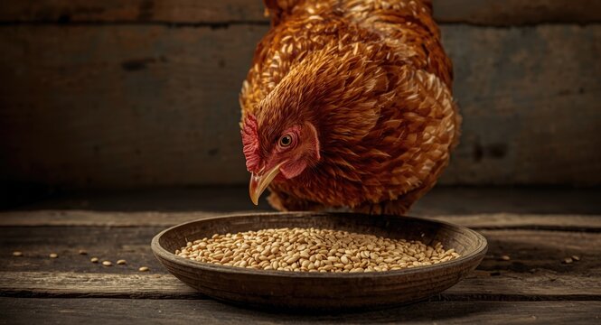 Energetic red hen picking wheat grains from plate against rustic background in detailed portrait