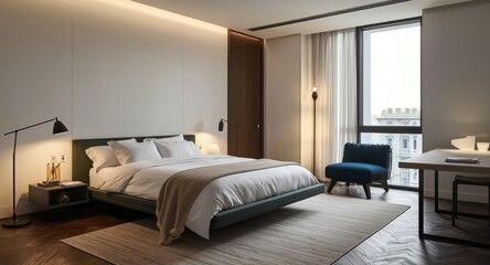 Fototapeta premium innovative bedroom interior with modern furniture and ambient lighting