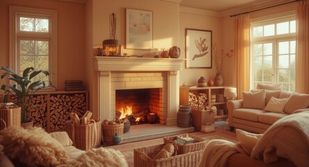 Fototapeta premium Cozy living room featuring wicker baskets filled with firewood and a charming white fireplace