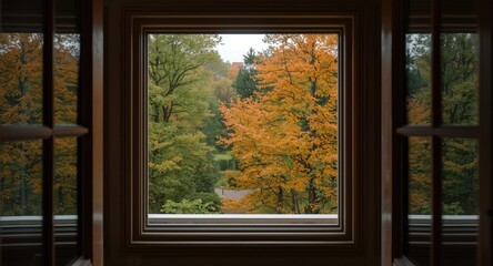 Fototapeta premium Square window perspective from deck showing lush green and warm orange trees