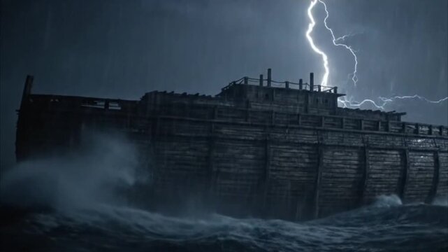 A large wooden ark navigates through a stormy sea. Dark clouds loom overhead, with flashes of lightning illuminating the turbulent waves.