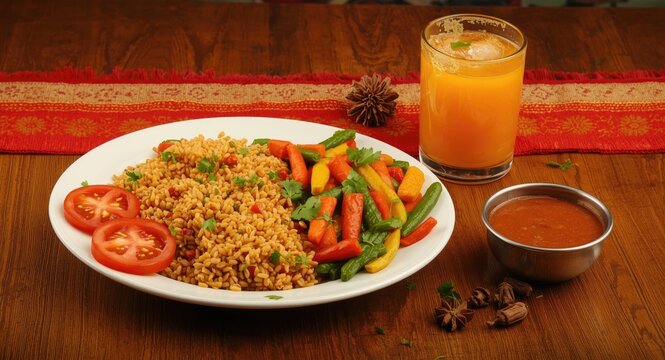 Appetizing Indian vegetarian cuisine with kodo millet pilaf, tomato slices, seasonal veggie medley, kokum juice, and mango chutney