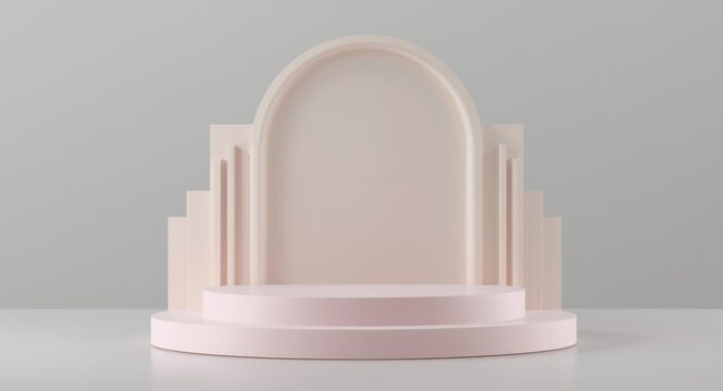 Abstract 3D rendering with minimalist pastel art deco podium and geometric arch elements