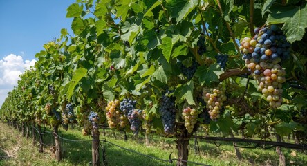 Naklejka premium Natural vineyard full of ripening grapes on sprawling green vines
