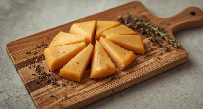 Sliced homemade smoked cheese displayed on a rustic wooden board