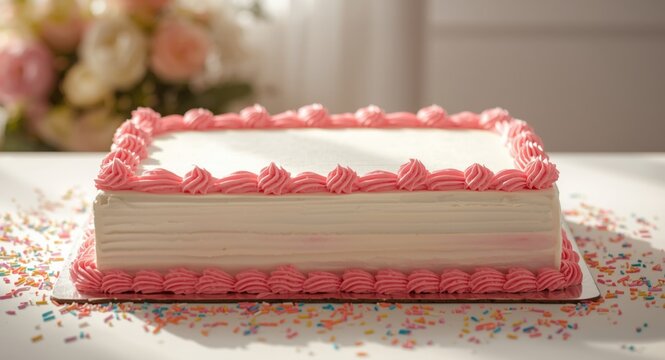 Sheet cake showcasing white icing and framed by lively pink buttercream swirls