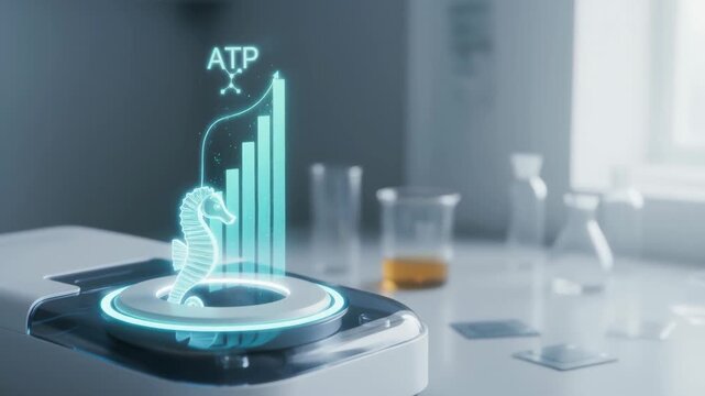 Futuristic laboratory research longevity concept with hologram seahorse dna atp science technology medical innovation device glove glassware digital