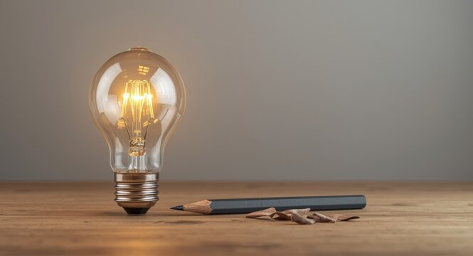 Radiant light bulb alongside a graphite pencil depicting creative thinking and overcoming challenges