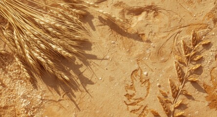 Fototapeta premium Top view flat layout of rye and wheat ears casting shadows on a sandy backdrop with minimalist leaf designs