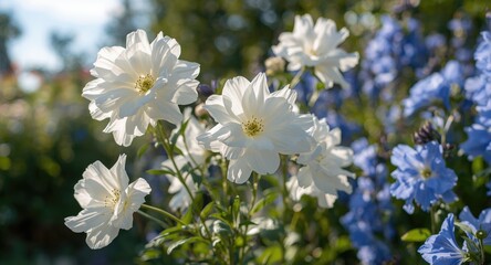 Obraz premium White flowers bordered by blue blossoms creating serene summer garden view