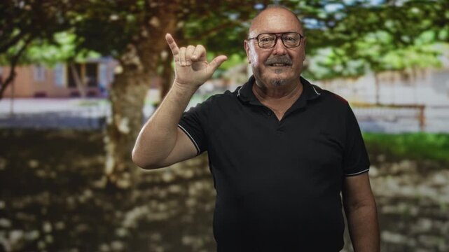 Man makes call me hand sign with visible hand and glasses, wearing polo shirt in front of building and trees; friendly greeting.