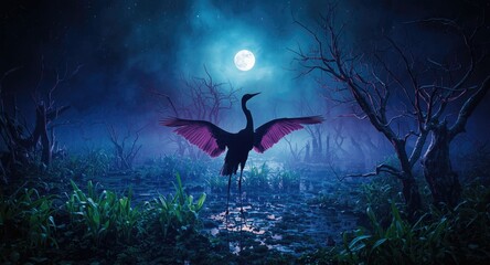 Fototapeta premium Organic abstract depiction of nighttime wetland with crane spreading wings in silhouette