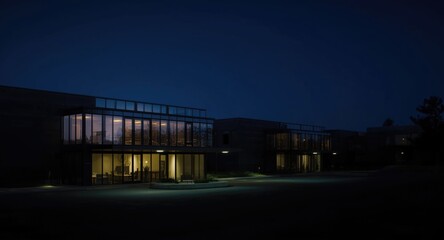 Obraz premium Softly lit suburban office buildings with glass fronts viewed at night