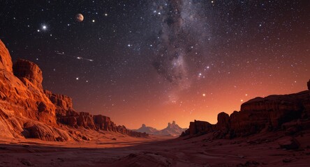 Obraz premium Fantasy alien planet vista with warm orange red rock textures under a vast sky filled with twinkling stars