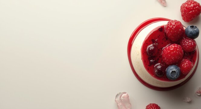 Top view of keto friendly panna cotta dessert with berry jelly and copy space for diet concept text