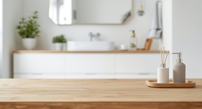 bare wood desk with blurred background of white bathroom and stylish sink accessories