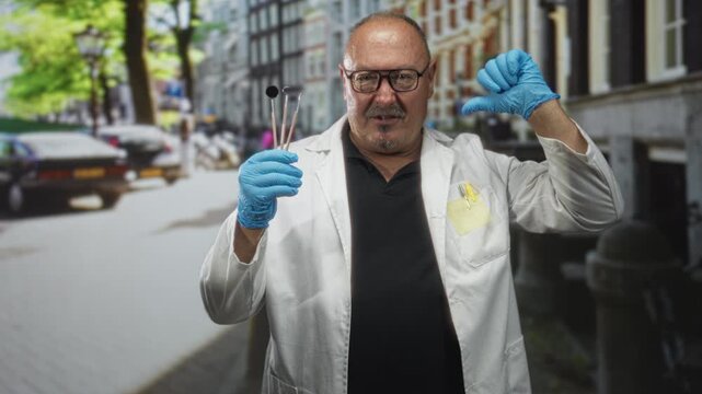 Dentist man in white coat holds dental mirror and probes and gestures thumbs down on a street; confidence trust care.