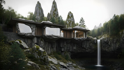 Fototapeta premium Futuristic stone and wood house integrated into a rocky cliff with a waterfall, featuring large panoramic windows and organic architectural shapes.