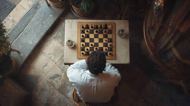 Man playing chess at small table. Adult male viewed from above, sitting indoors by window, wooden chessboard with pieces set midgame, two glasses on table, tiled floor, casual setting.