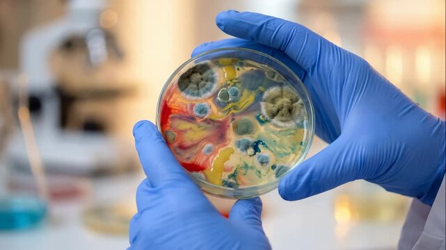 Scientist examines colorful petri dish with microorganisms. Laboratory research reveals vibrant growth patterns. Innovative science showcases microbiology exploration.