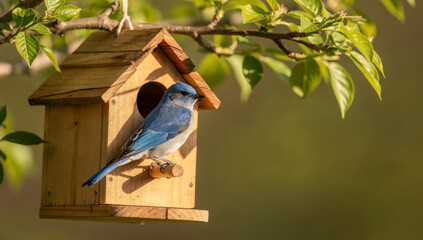 Bluebird resting on wooden birdhouse among spring leaves