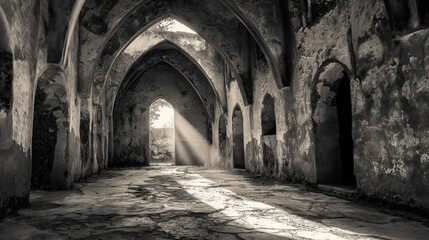 Obraz premium Beams of sunlight cut through the shadows of an ancient Kilwa City State Masjid Kubwa ( Grand Mosque )