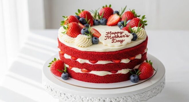 Delicious red velvet cake with fresh fruits for mother's day celebration