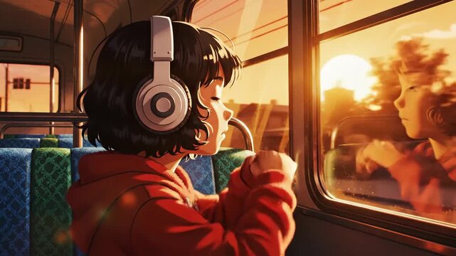 Peaceful evening ride. Anime style girl with headphones on a bus seat, watching the vibrant orange sunset. Use for emotional storytelling or music promotion.
