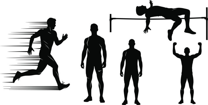 Black silhouettes of male athletes performing sprinting running high jump and celebrating victory standing in athletic poses on white background isolated