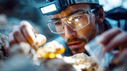 Modern archaeologists uncovering ancient fresco on volcanic rock wall in cave entrance