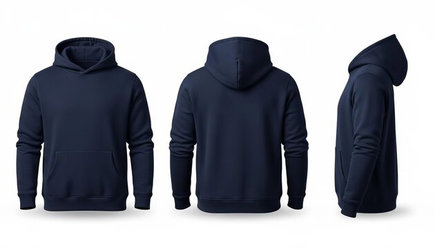 Navy blue hoodie mockup showing front, back, and side views. Blank apparel template for fashion design isolated on white.