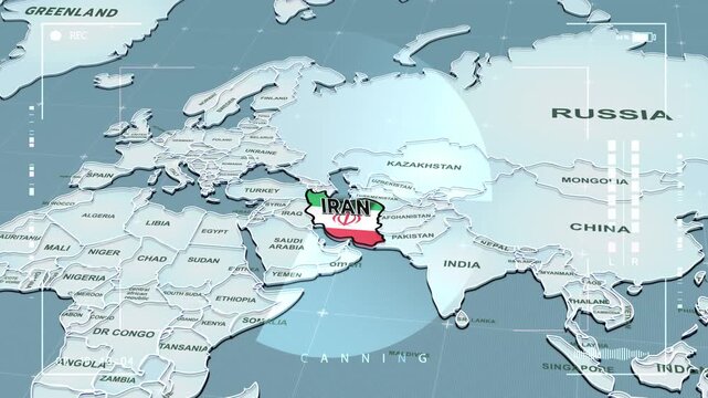 a stylized 3D map highlighting IRAN, Middle East, Iran map, Central Asia and Eastern Europe, Flag of Iran, Iran Flag