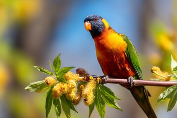 Obraz premium Colorful Lorikeet Perched on Flowering Native Branch During Bright Daylight