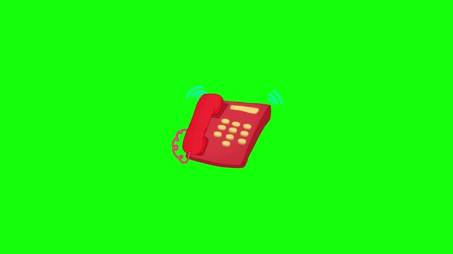 Looping 2D animation of a cartoon red rotary-style phone vibrating and ringing &mdash; handset bouncing slightly off the base, blue sound waves pulsing centered on bright green chroma key background.