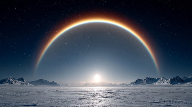 Captivating moonbow halo over snowy landscape at night