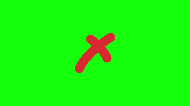 Looping 2D animation of a bold red &lsquo;X&rsquo; symbol gently pulsing in size &mdash; expanding slightly then contracting with smooth easing, centered on bright green chroma key background.
