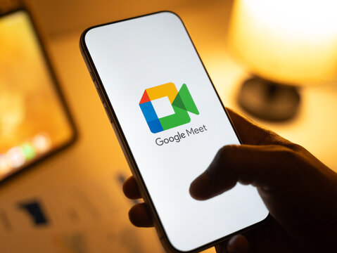 Google Meet logo is displayed on the screen of a smartphone, in Bangalore, India, on February 28, 2026
