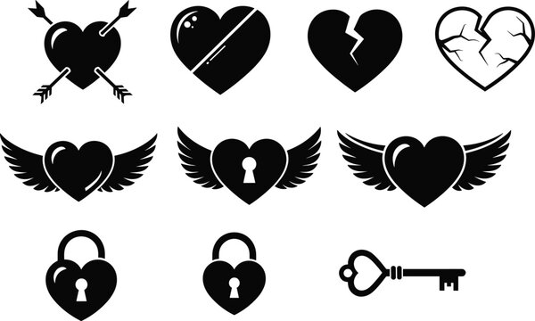 Heart icon set with wings arrows broken pieces lock and key silhouettes for valentines day wedding romance and emotional design elements
