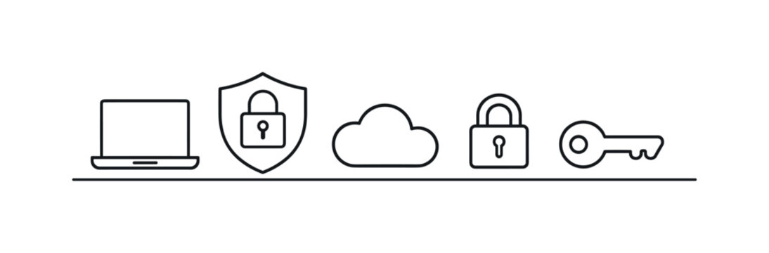 Workplace remote access security and virtual private network setup protecting sensitive company resources for distributed employees, laptop, shield