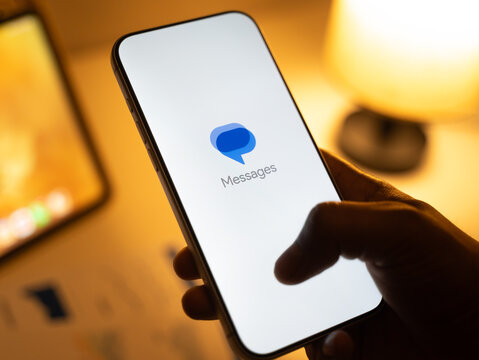 Google Messages logo is displayed on the screen of a smartphone, in Bangalore, India, on February 28, 2026

