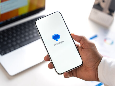 Google Messages logo is displayed on the screen of a smartphone, in Bangalore, India, on February 28, 2026
