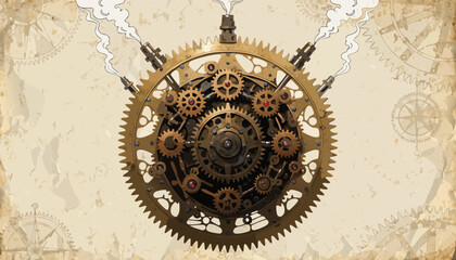 Naklejka premium A steampunk-inspired vector graphic of a gear clockwork mechanism with a vintage background