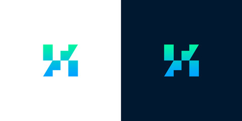 Obraz premium Dynamic Abstract Lettermark Logo Design with Digital Pixelated Gradient Effect in Vibrant Blue and Green Hues, Representing Innovation, Technology, and Forward-Thinking Business Solutions