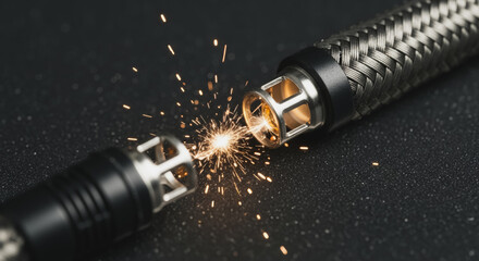 Close-up of an electrical cable connection sparking with bright light on a dark background, illustrating power, energy, and advanced technology.