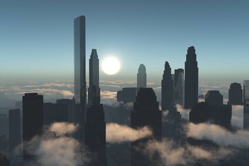 Skyscrapers among the clouds at sunset, a city in the clouds, high-rise buildings at sunset in the clouds, 3D rendering © ustas