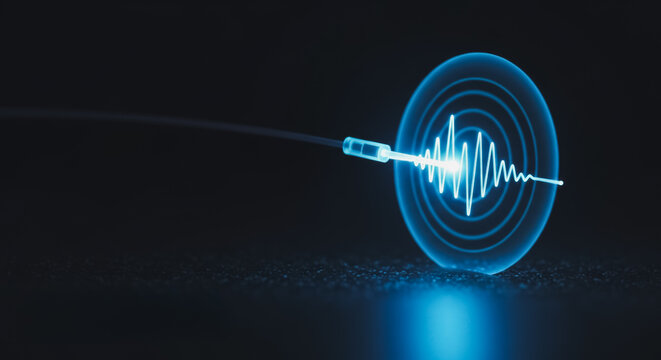Digital data light wave signal propagating through fiber optic cable, emitting an electromagnetic pulse with circular ripples on a dark, futuristic background.