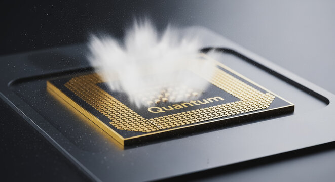Quantum computing processor emitting an energetic burst, symbolizing advanced technology, future innovation, and high-speed data processing capabilities.